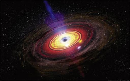 An illustration of an active galactic nucleus with an accretion disk and a high-energy jet along its rotation axis.